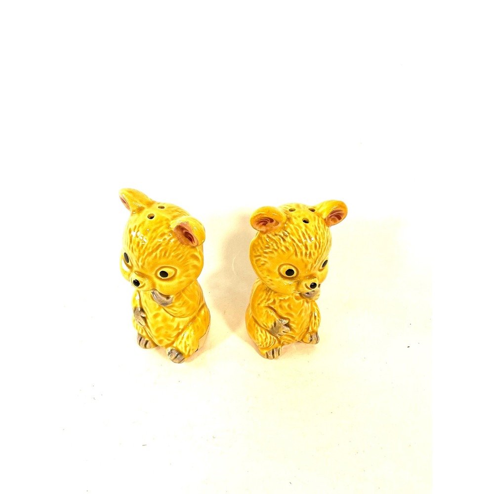 Vintage Ceramic Bear Salt and Pepper Shakers Yellow Kitschy Mid Century Set
